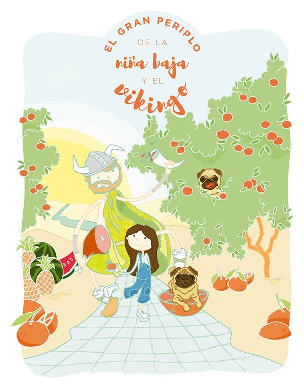 Custom illustration the adventure of the little girl and the viking with pugs