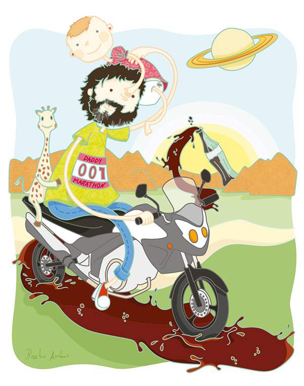 Custom illustration father and daughter in a motorbike