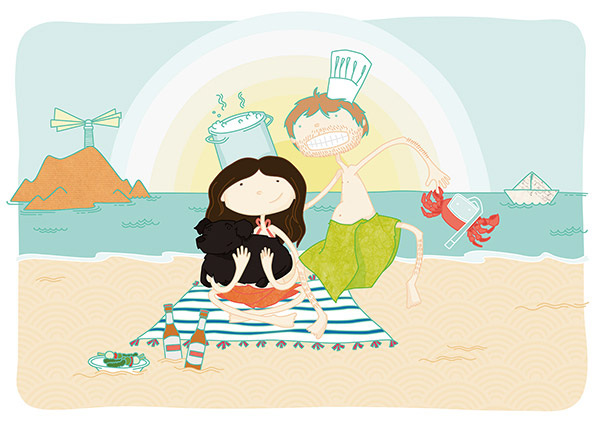 Custom illustration couple in love on the beach with a cat