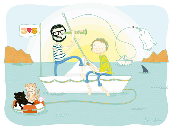 Custom illustration couple in love fisching in a paper boat