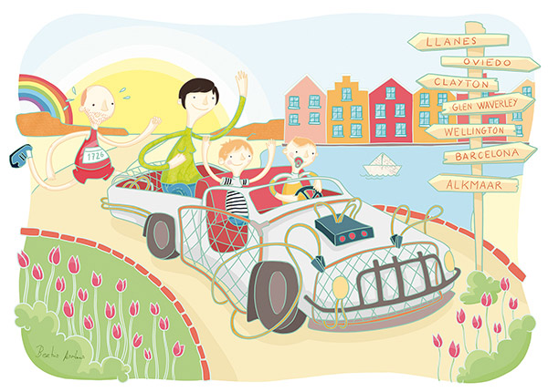 Custom illustration family parents and children in a car